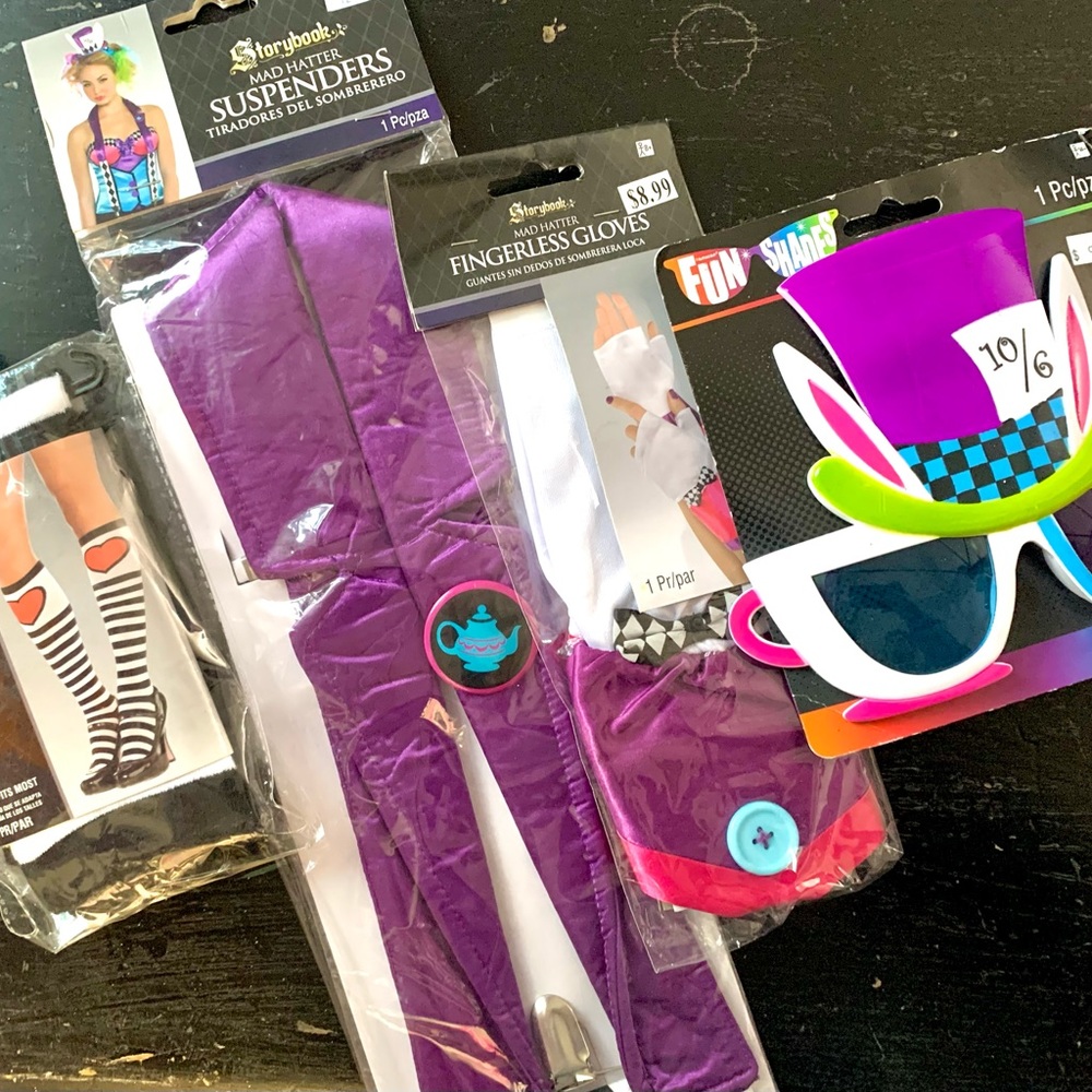 BRAND NEW Mad Hatter Costume Accessories - suspenders, gloves, glasses, socks